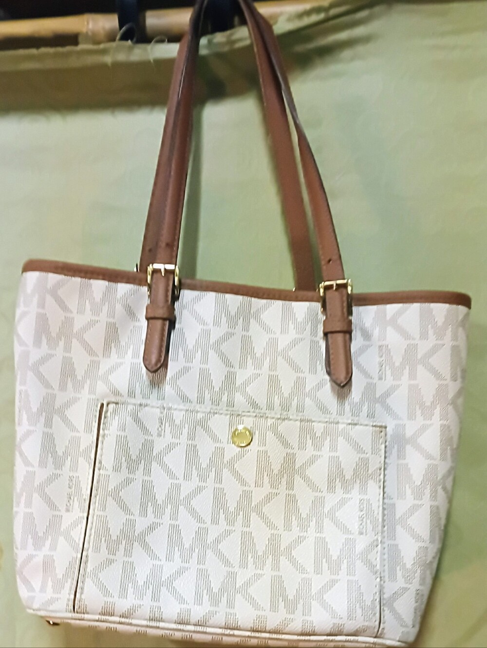 Michael Kors White Signature Canvas Tote with Brown Leather Trim